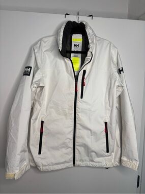 Helly Hansen White Rainshell Jacket with Black Trim and Red Accents